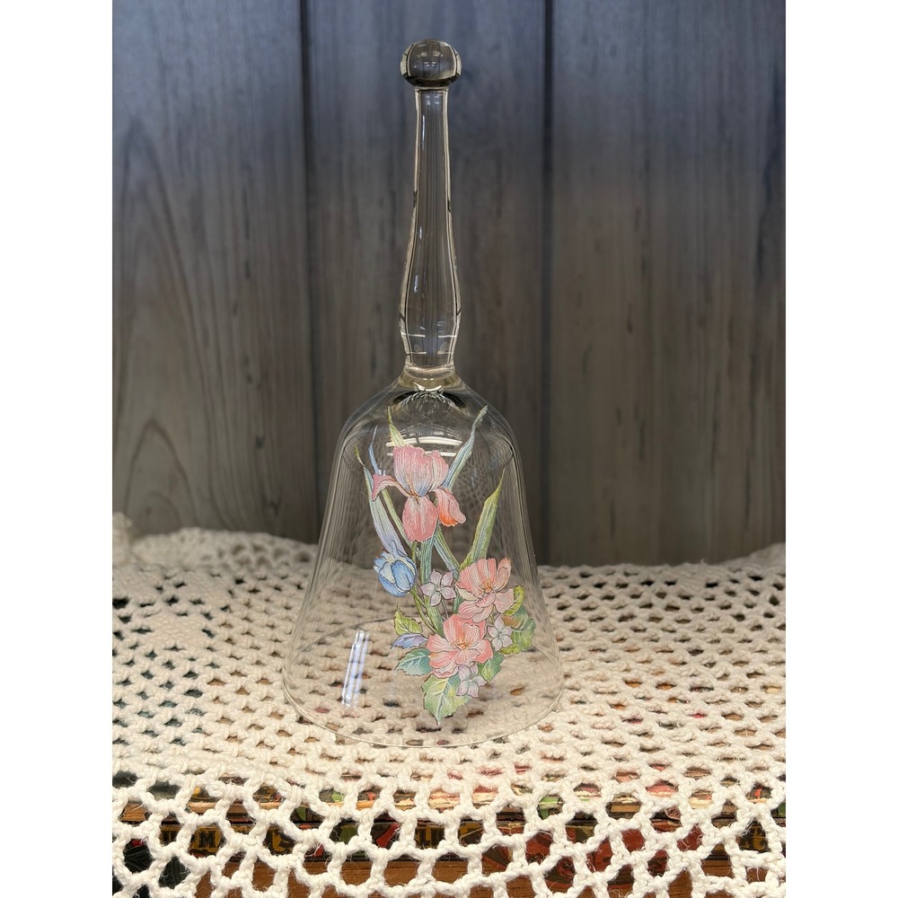 Vintage Clear Glass Floral Bell Pink Iris Pastel Flowers Collectible 7 Inch